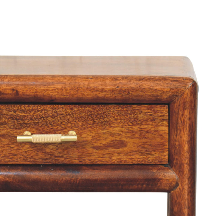 Brown Lacquered Roasted Almond Solid Mango Wood Regency Chestnut Bench with Brown Leather Seat