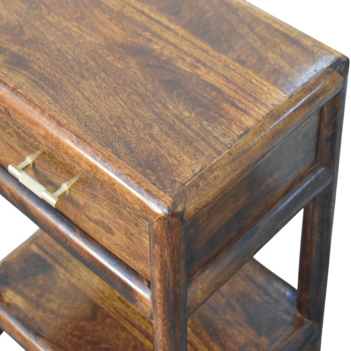 Brown Lacquered Roasted Almond Solid Mango Wood Regency Chestnut Bench with Brown Leather Seat