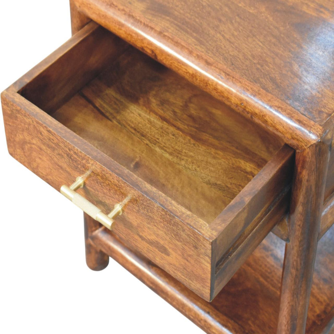 Brown Lacquered Roasted Almond Solid Mango Wood Regency Chestnut Bench with Brown Leather Seat