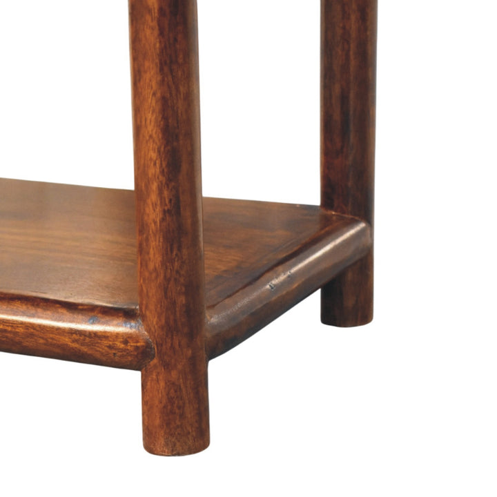 Brown Lacquered Roasted Almond Solid Mango Wood Regency Chestnut Bench with Brown Leather Seat