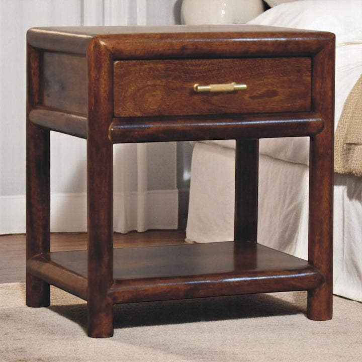 Brown Lacquered Roasted Almond Solid Mango Wood Regency Chestnut Bench with Brown Leather Seat