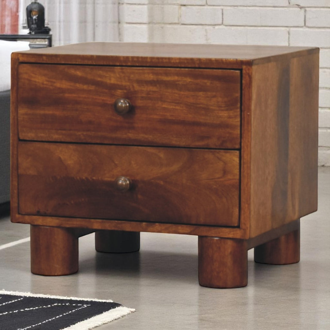 Brown Lacquered Solid Mango Wood Tula Chestnut 2-Drawer Bedside with Tapered Legs