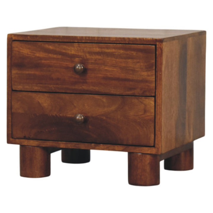 Brown Lacquered Solid Mango Wood Tula Chestnut 2-Drawer Bedside with Tapered Legs