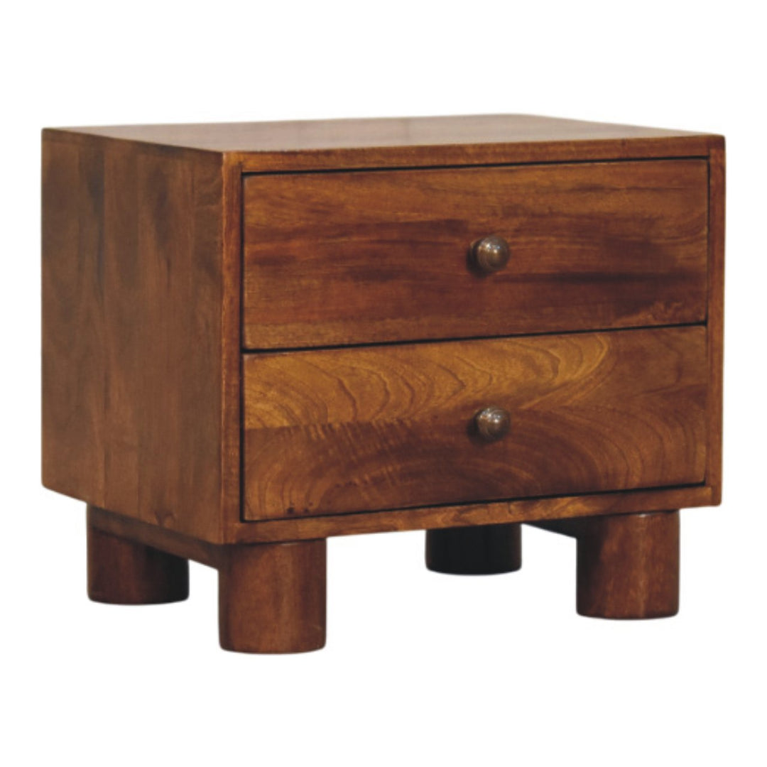 Brown Lacquered Solid Mango Wood Tula Chestnut 2-Drawer Bedside with Tapered Legs