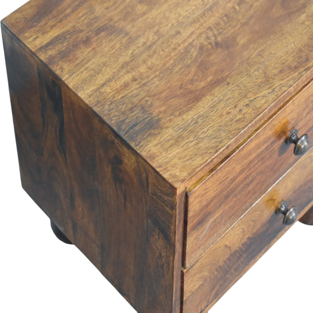 Brown Lacquered Solid Mango Wood Tula Chestnut 2-Drawer Bedside with Tapered Legs