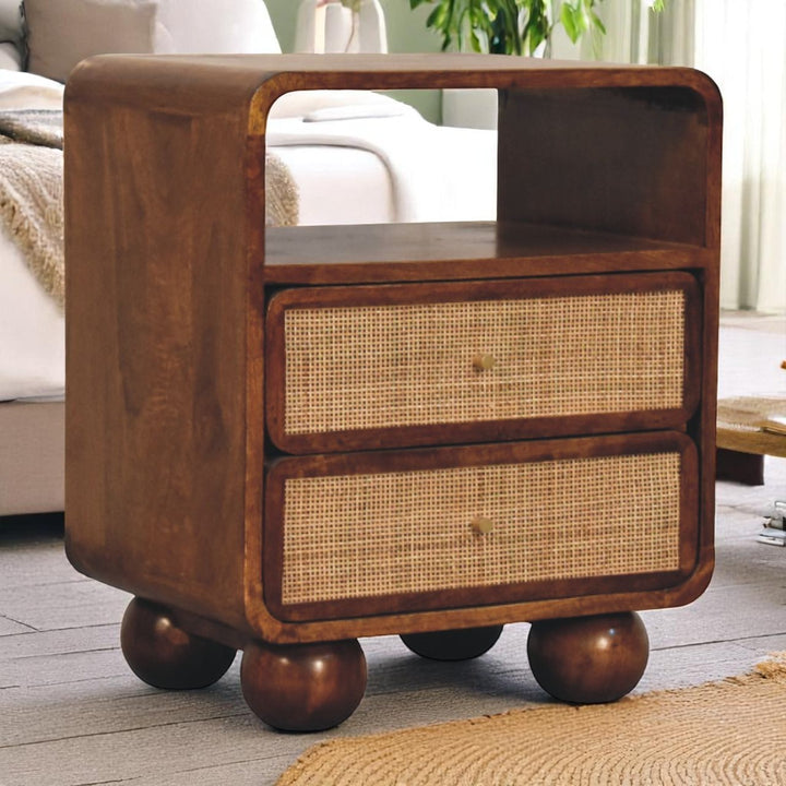 Brown Lacquered Toasted Almond Solid Mango Wood Larissa 2-Drawer Bedside with Curved Legs