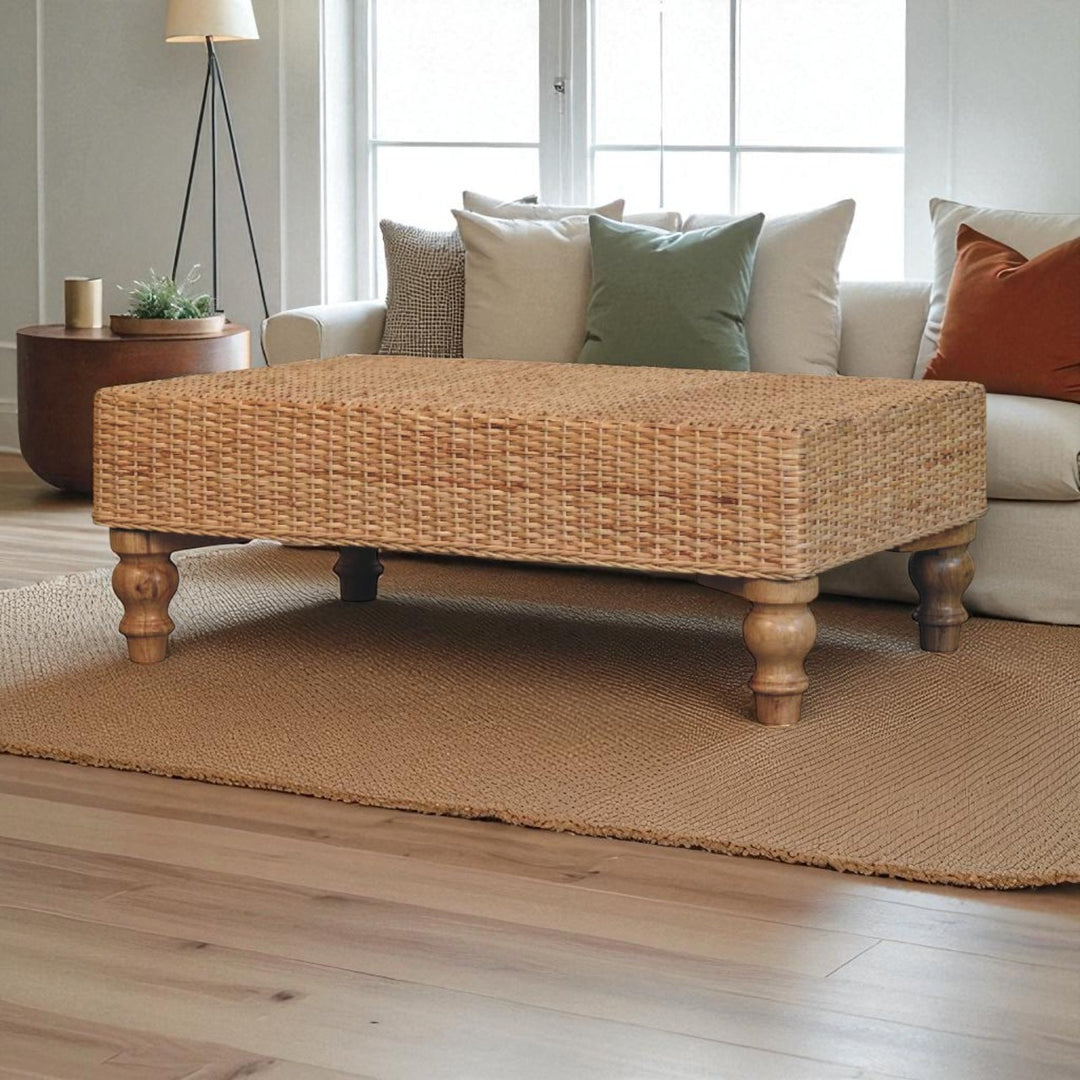 Brown Matt Solid Mango Wood Regency Woven Coffee Table with Handwoven Top & Turned Legs