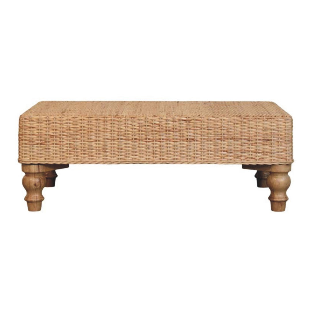 Brown Matt Solid Mango Wood Regency Woven Coffee Table with Handwoven Top & Turned Legs