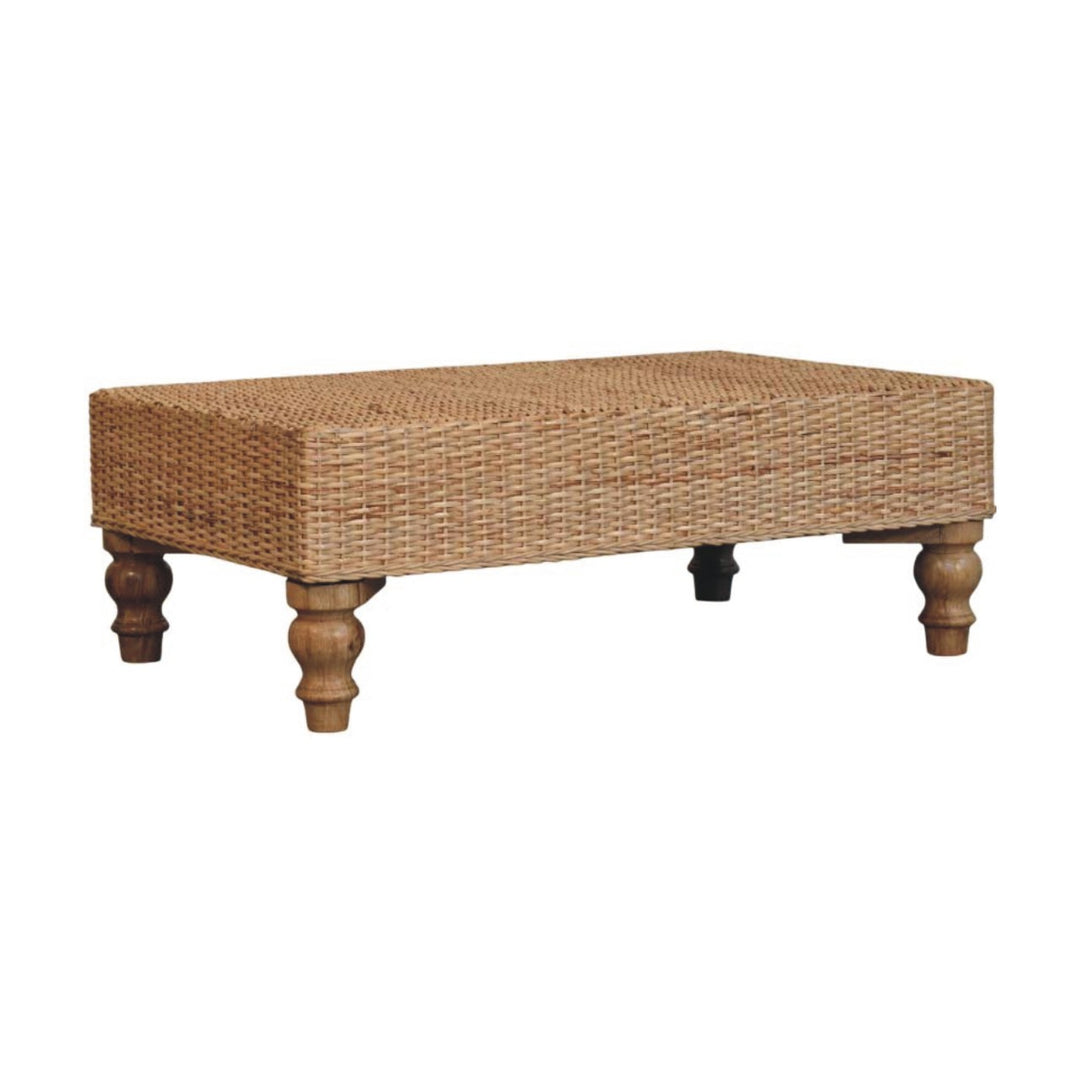 Brown Matt Solid Mango Wood Regency Woven Coffee Table with Handwoven Top & Turned Legs