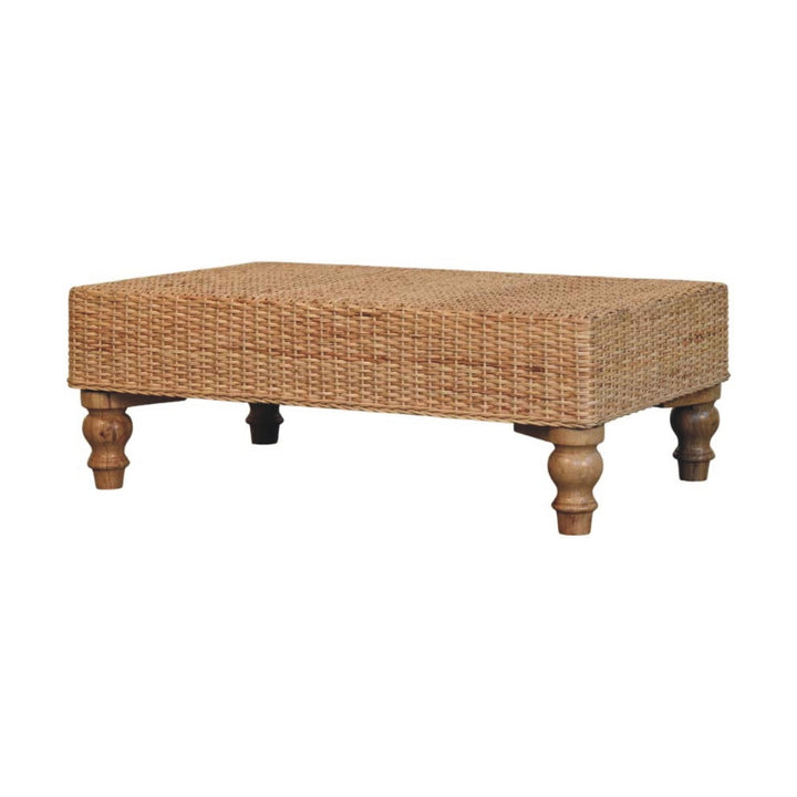 Brown Matt Solid Mango Wood Regency Woven Coffee Table with Handwoven Top & Turned Legs
