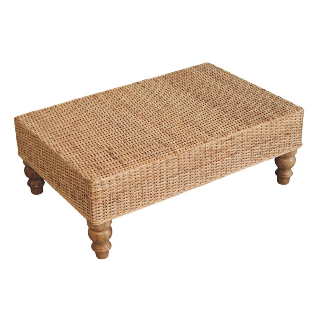 Brown Matt Solid Mango Wood Regency Woven Coffee Table with Handwoven Top & Turned Legs