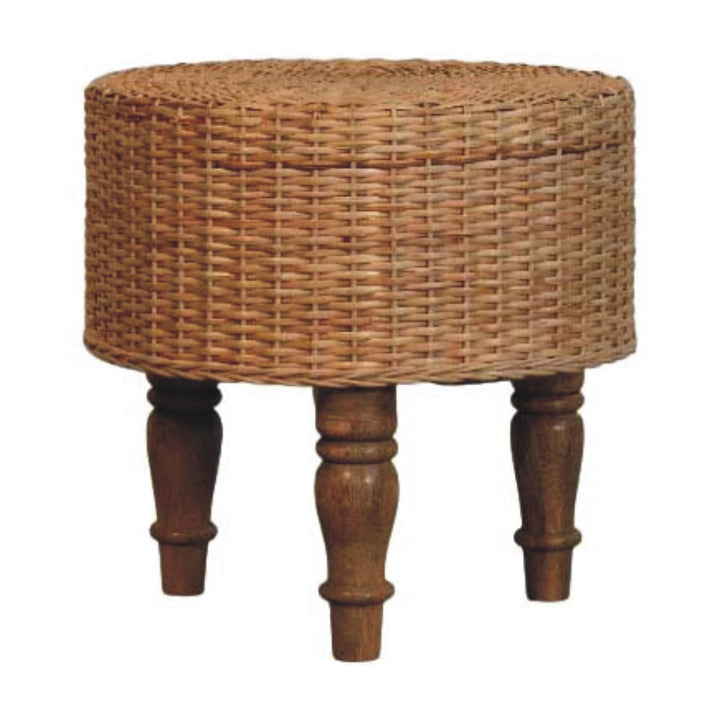 Brown Lacquered Solid Mango Wood Regency Round Woven Stool with Turned Legs