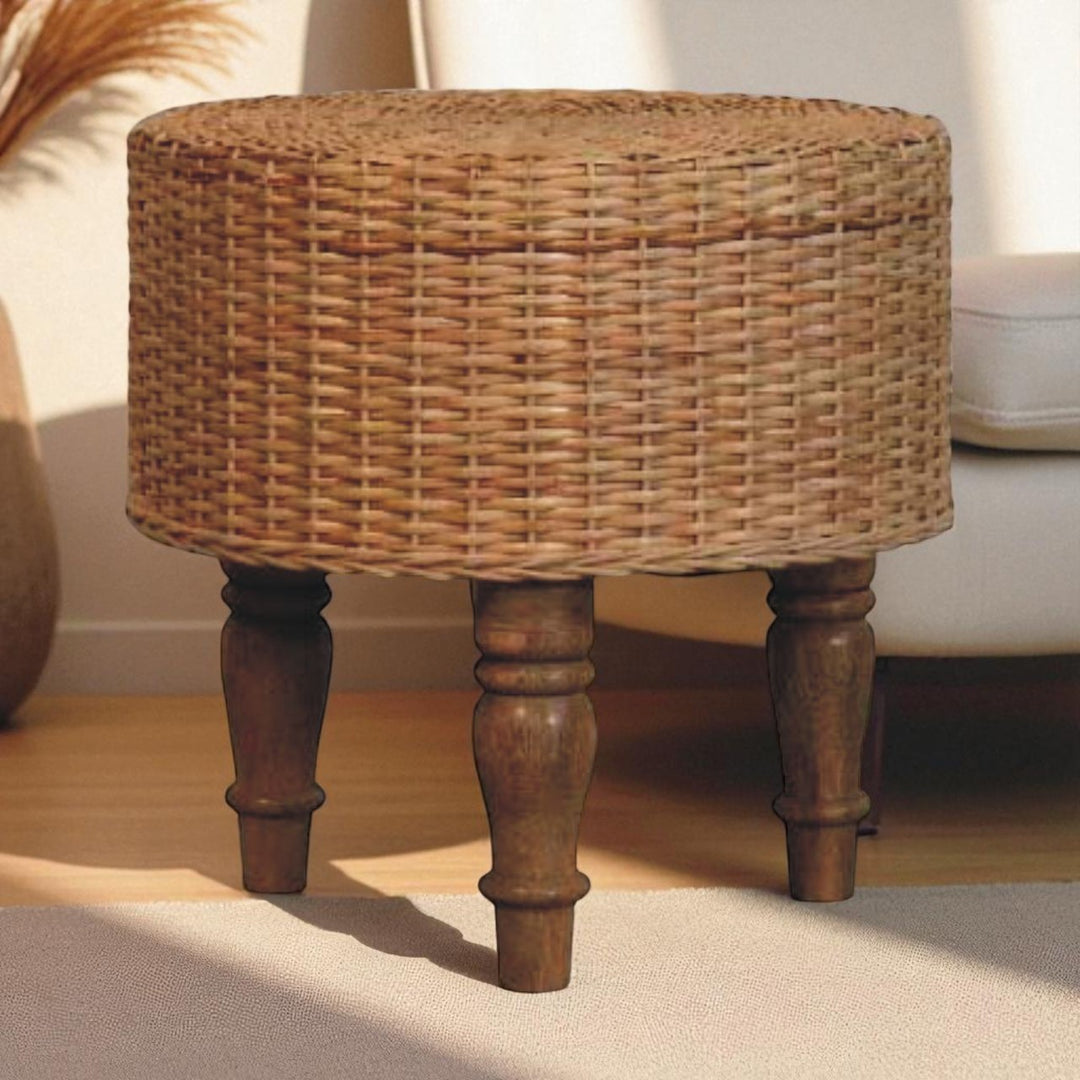 Brown Lacquered Solid Mango Wood Regency Round Woven Stool with Turned Legs