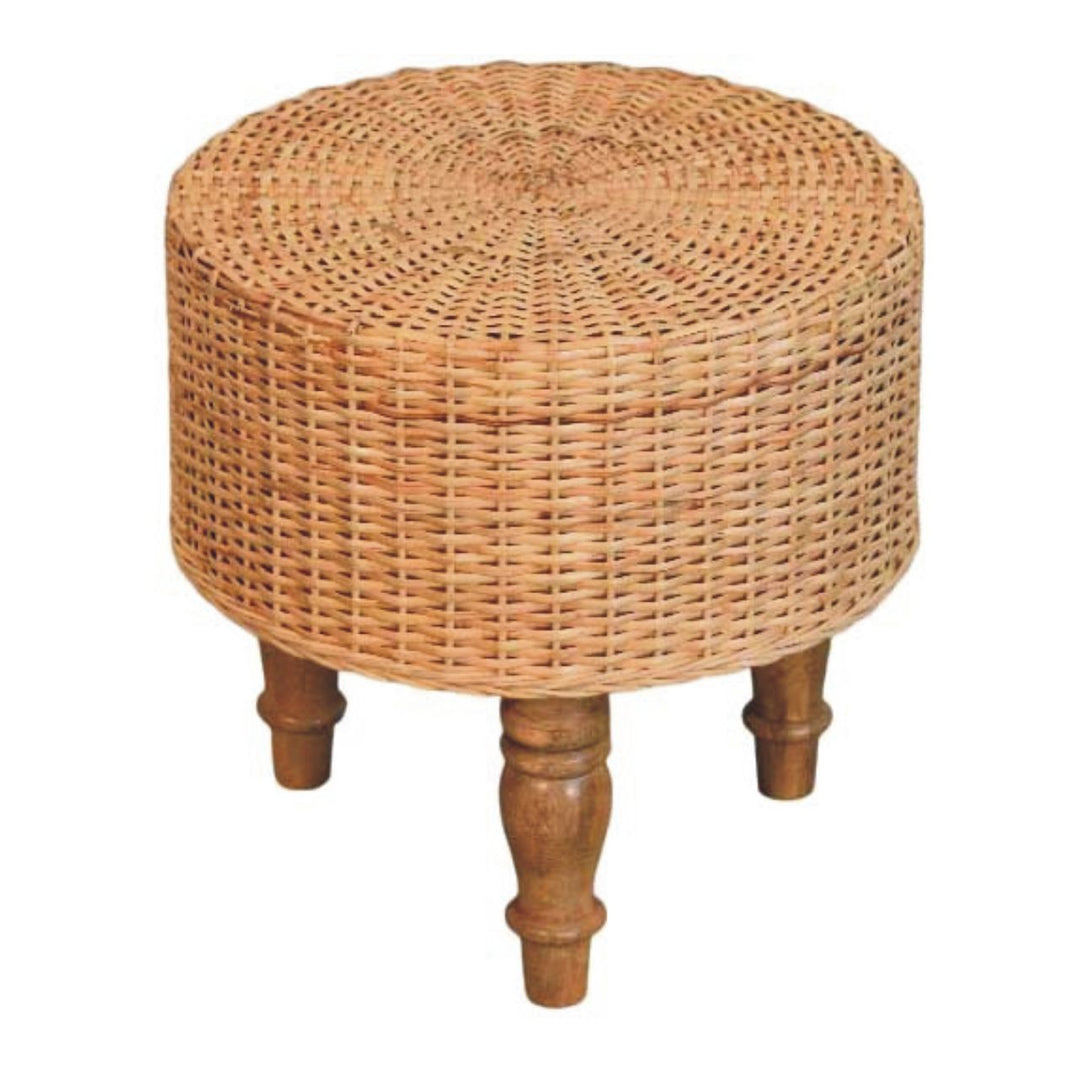 Brown Lacquered Solid Mango Wood Regency Round Woven Stool with Turned Legs