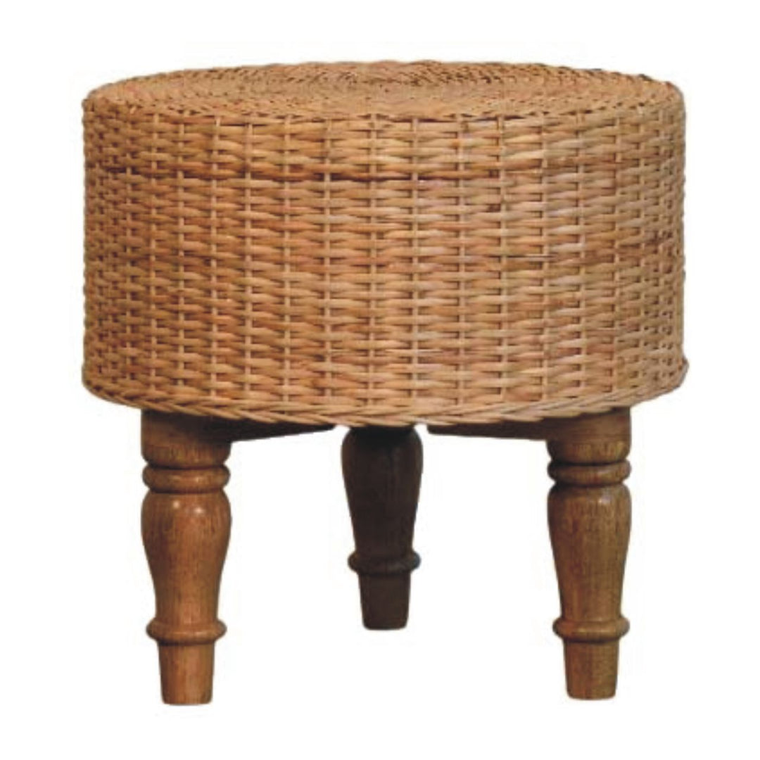 Brown Lacquered Solid Mango Wood Regency Round Woven Stool with Turned Legs