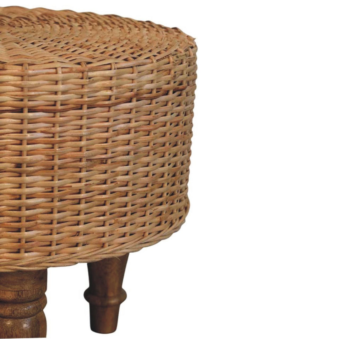 Brown Lacquered Solid Mango Wood Regency Round Woven Stool with Turned Legs