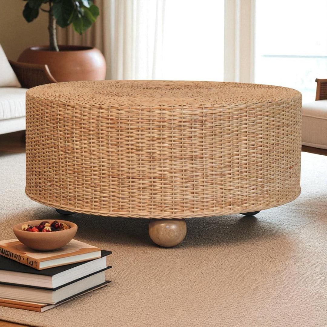 Brown Lacquered Solid Mango Wood Regency Round Woven Stool with Turned Legs