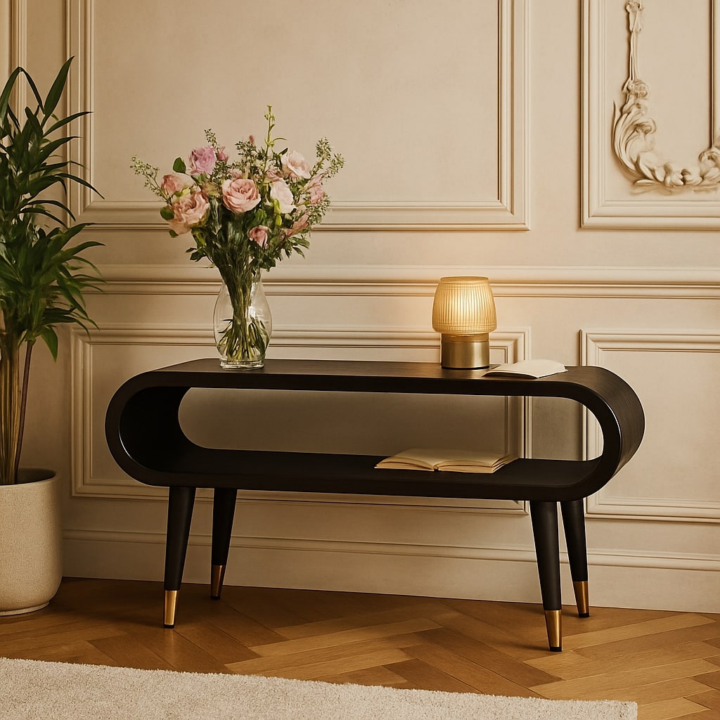 Brown Lacquered Ash-Carbon Solid Mango Wood Curved TV Stand with Brass-Capped Tapered Legs