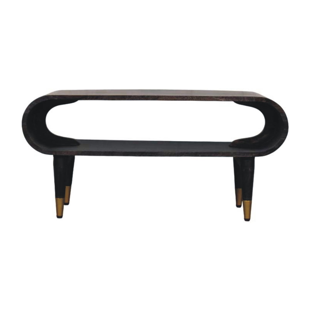 Brown Lacquered Ash-Carbon Solid Mango Wood Curved TV Stand with Brass-Capped Tapered Legs