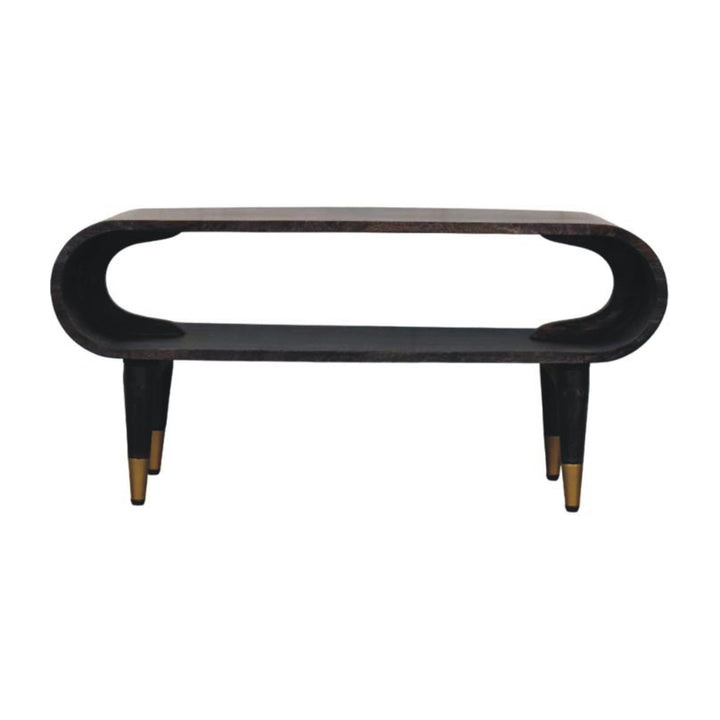Brown Lacquered Ash-Carbon Solid Mango Wood Curved TV Stand with Brass-Capped Tapered Legs