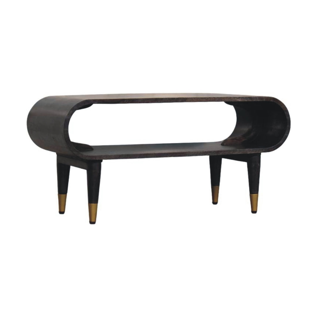 Brown Lacquered Ash-Carbon Solid Mango Wood Curved TV Stand with Brass-Capped Tapered Legs