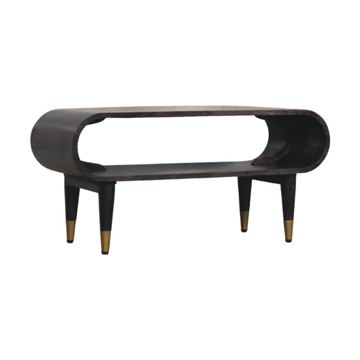 Brown Lacquered Ash-Carbon Solid Mango Wood Curved TV Stand with Brass-Capped Tapered Legs