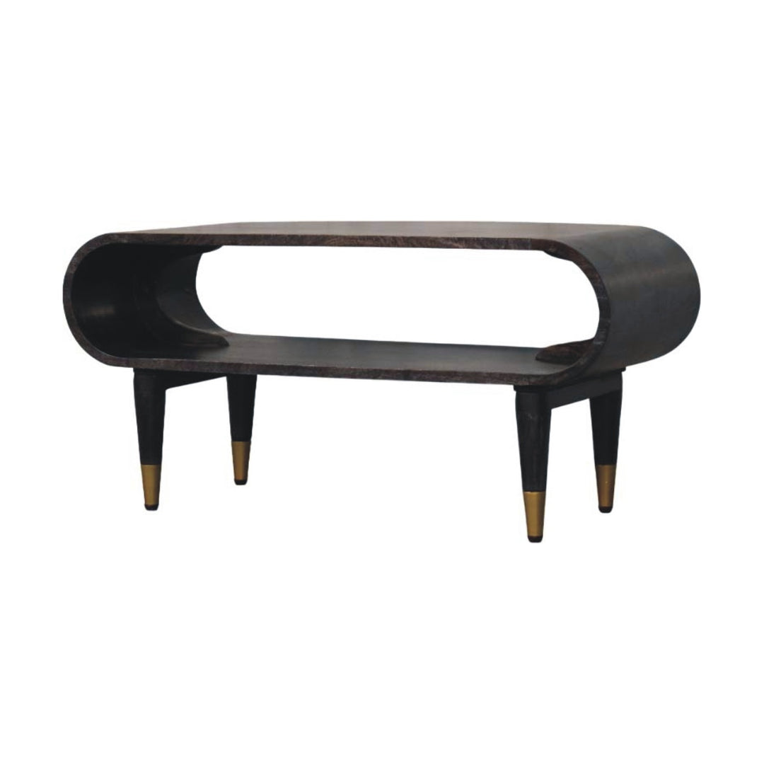 Brown Lacquered Ash-Carbon Solid Mango Wood Curved TV Stand with Brass-Capped Tapered Legs
