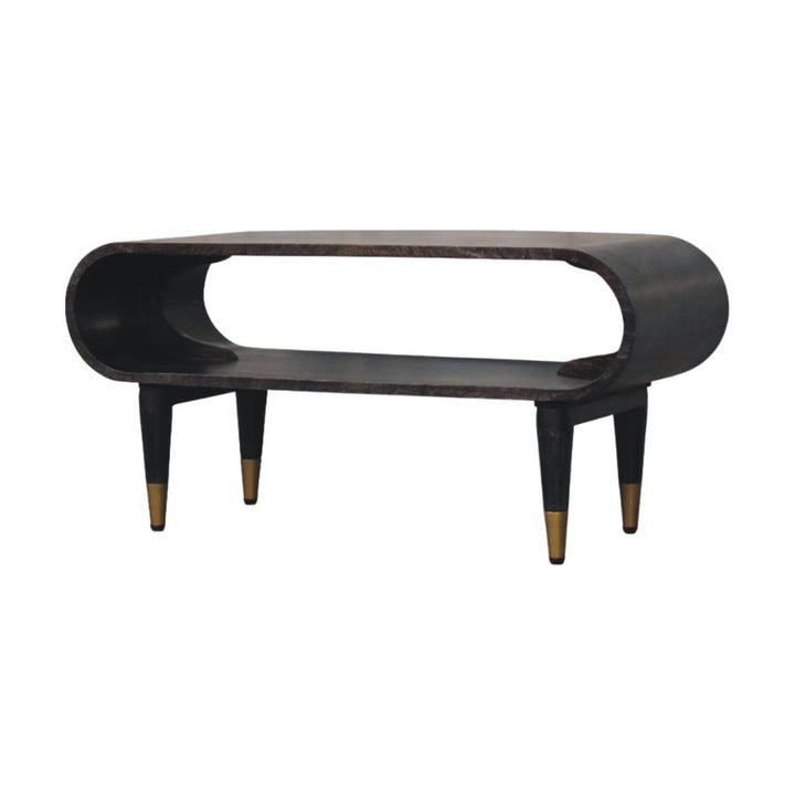 Brown Lacquered Ash-Carbon Solid Mango Wood Curved TV Stand with Brass-Capped Tapered Legs