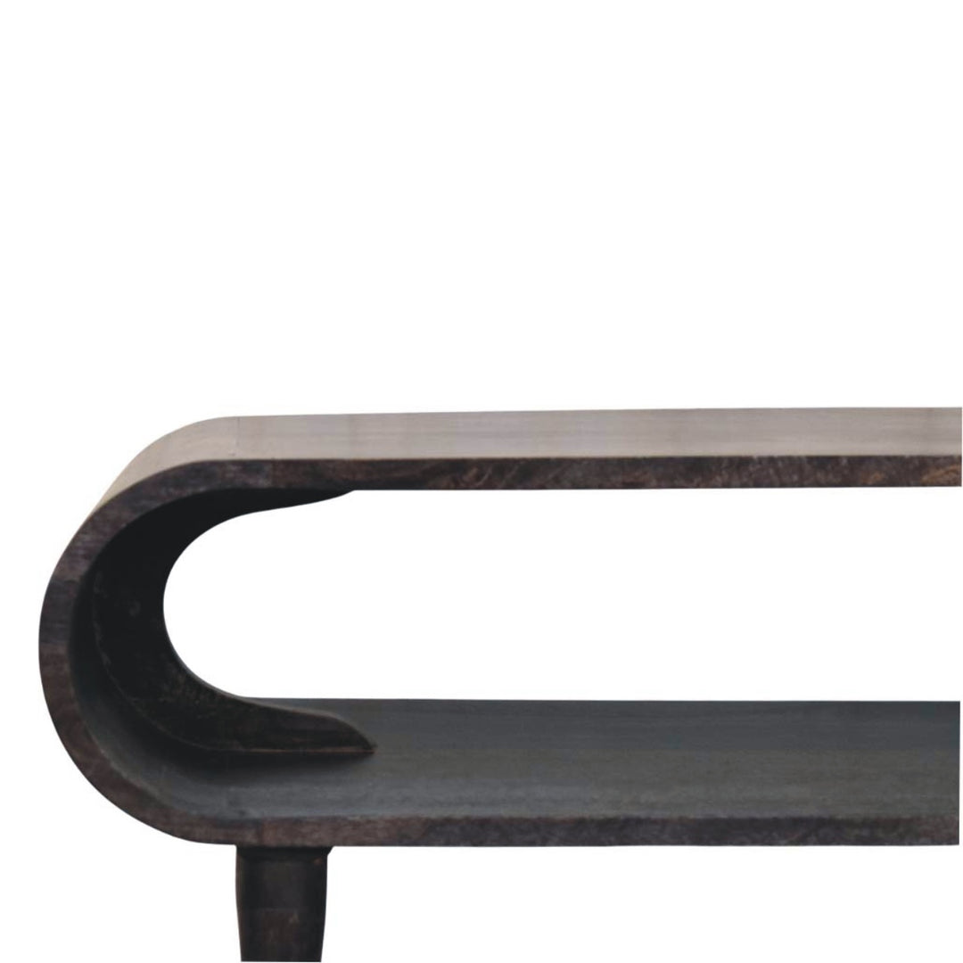 Brown Lacquered Ash-Carbon Solid Mango Wood Curved TV Stand with Brass-Capped Tapered Legs