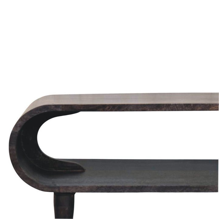 Brown Lacquered Ash-Carbon Solid Mango Wood Curved TV Stand with Brass-Capped Tapered Legs