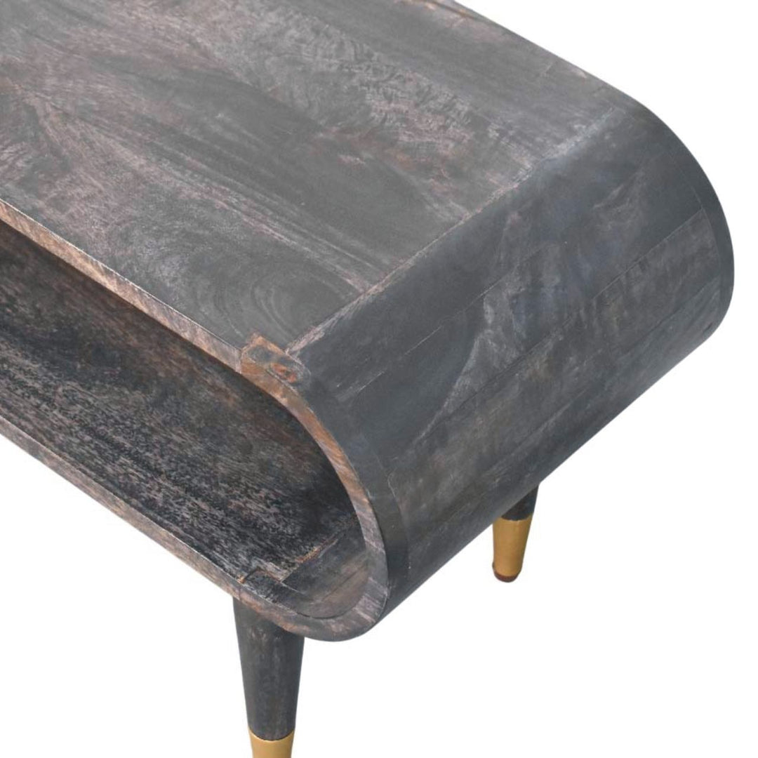 Brown Lacquered Ash-Carbon Solid Mango Wood Curved TV Stand with Brass-Capped Tapered Legs