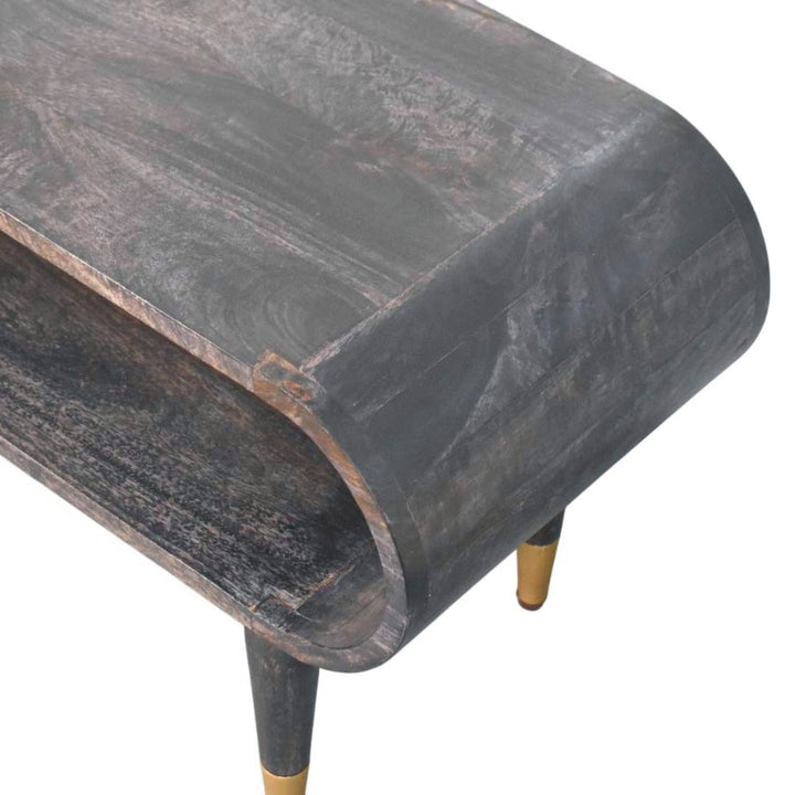 Brown Lacquered Ash-Carbon Solid Mango Wood Curved TV Stand with Brass-Capped Tapered Legs