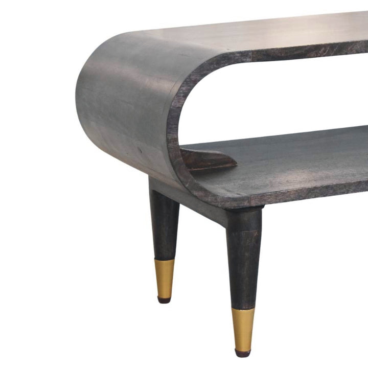 Brown Lacquered Ash-Carbon Solid Mango Wood Curved TV Stand with Brass-Capped Tapered Legs