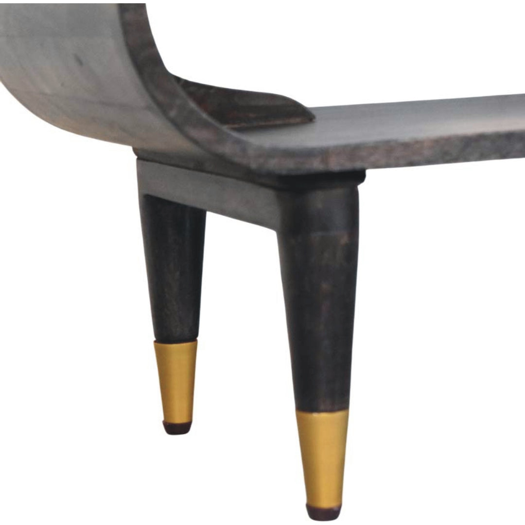 Brown Lacquered Ash-Carbon Solid Mango Wood Curved TV Stand with Brass-Capped Tapered Legs