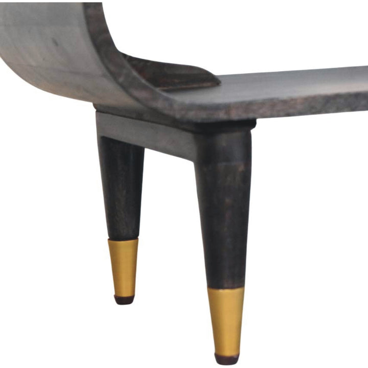 Brown Lacquered Ash-Carbon Solid Mango Wood Curved TV Stand with Brass-Capped Tapered Legs