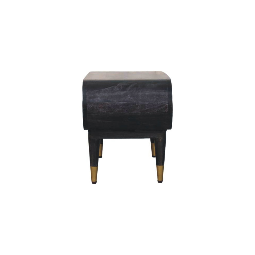 Brown Lacquered Ash-Carbon Solid Mango Wood Curved TV Stand with Brass-Capped Tapered Legs