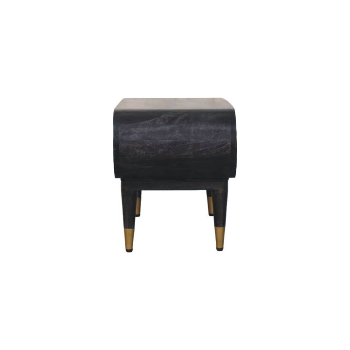 Brown Lacquered Ash-Carbon Solid Mango Wood Curved TV Stand with Brass-Capped Tapered Legs