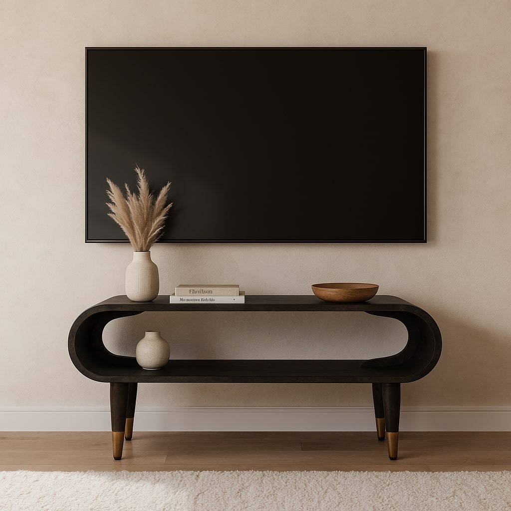 Brown Lacquered Ash-Carbon Solid Mango Wood Curved TV Stand with Brass-Capped Tapered Legs