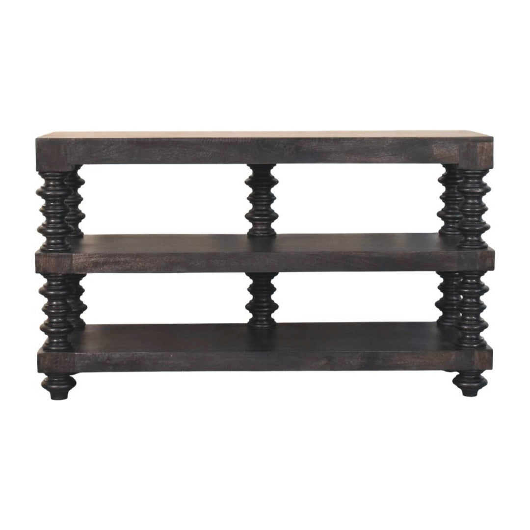 Chocolate Brown Lacquered Carbon Ash Solid Mango Wood Spindle Console with 3 Shelves