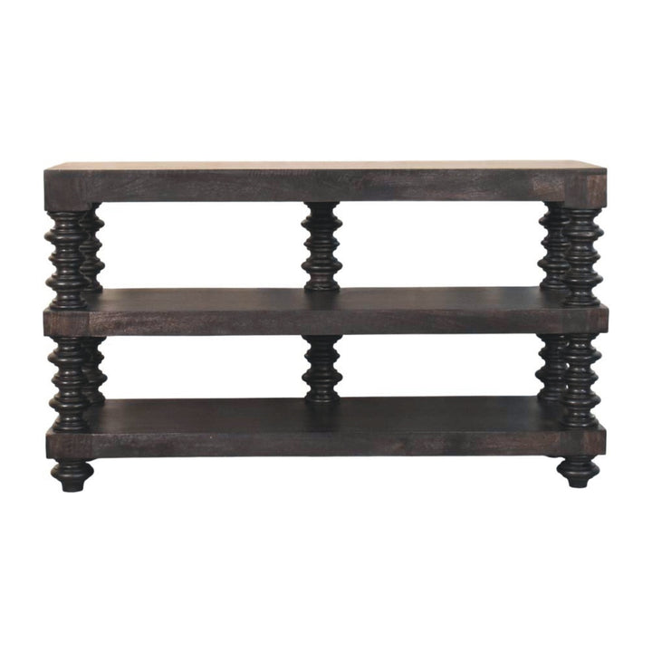 Chocolate Brown Lacquered Carbon Ash Solid Mango Wood Spindle Console with 3 Shelves