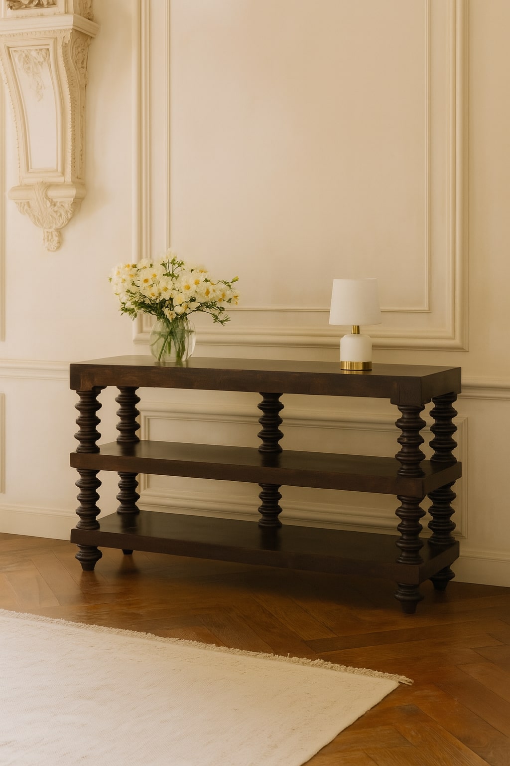 Chocolate Brown Lacquered Carbon Ash Solid Mango Wood Spindle Console with 3 Shelves