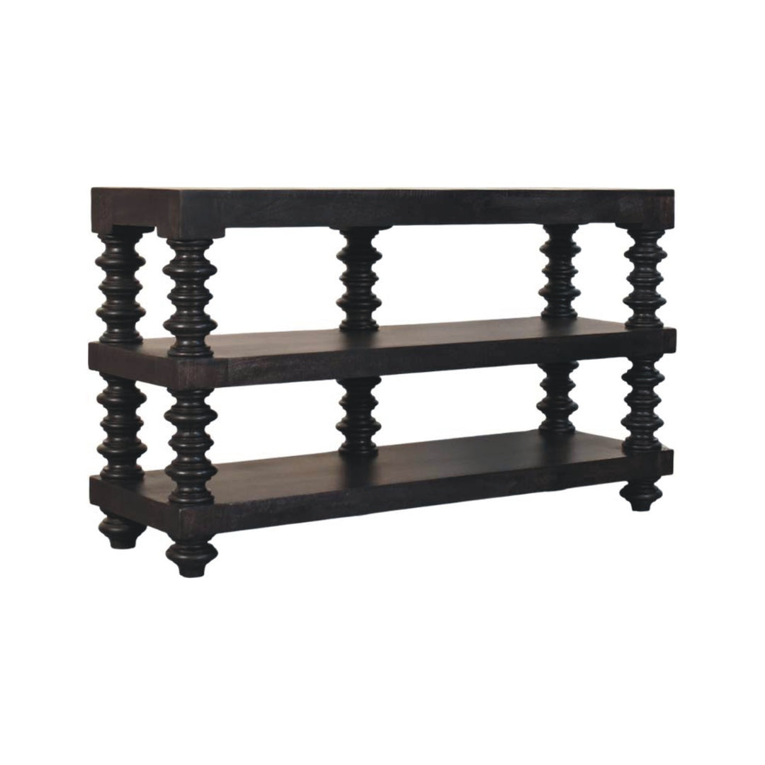 Chocolate Brown Lacquered Carbon Ash Solid Mango Wood Spindle Console with 3 Shelves