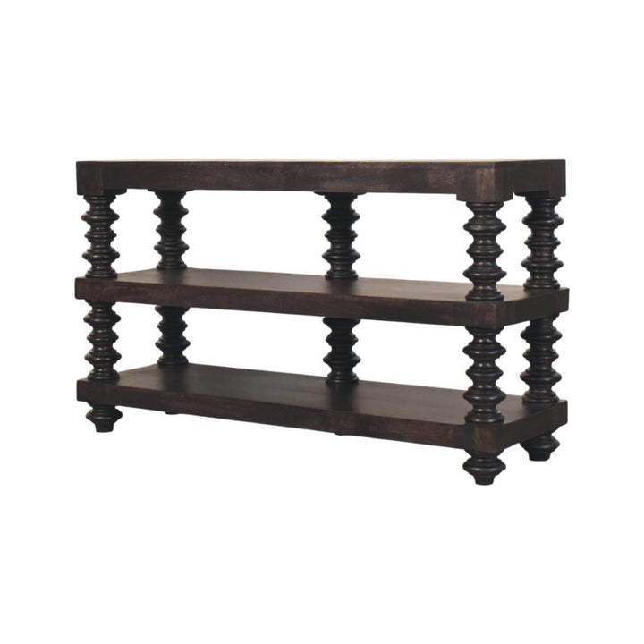 Chocolate Brown Lacquered Carbon Ash Solid Mango Wood Spindle Console with 3 Shelves
