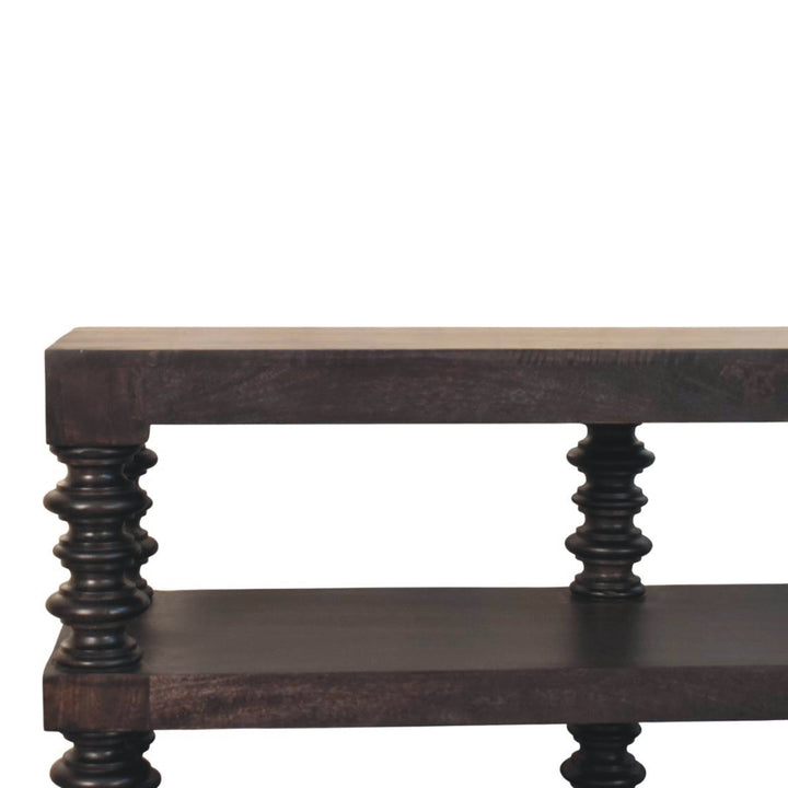 Chocolate Brown Lacquered Carbon Ash Solid Mango Wood Spindle Console with 3 Shelves
