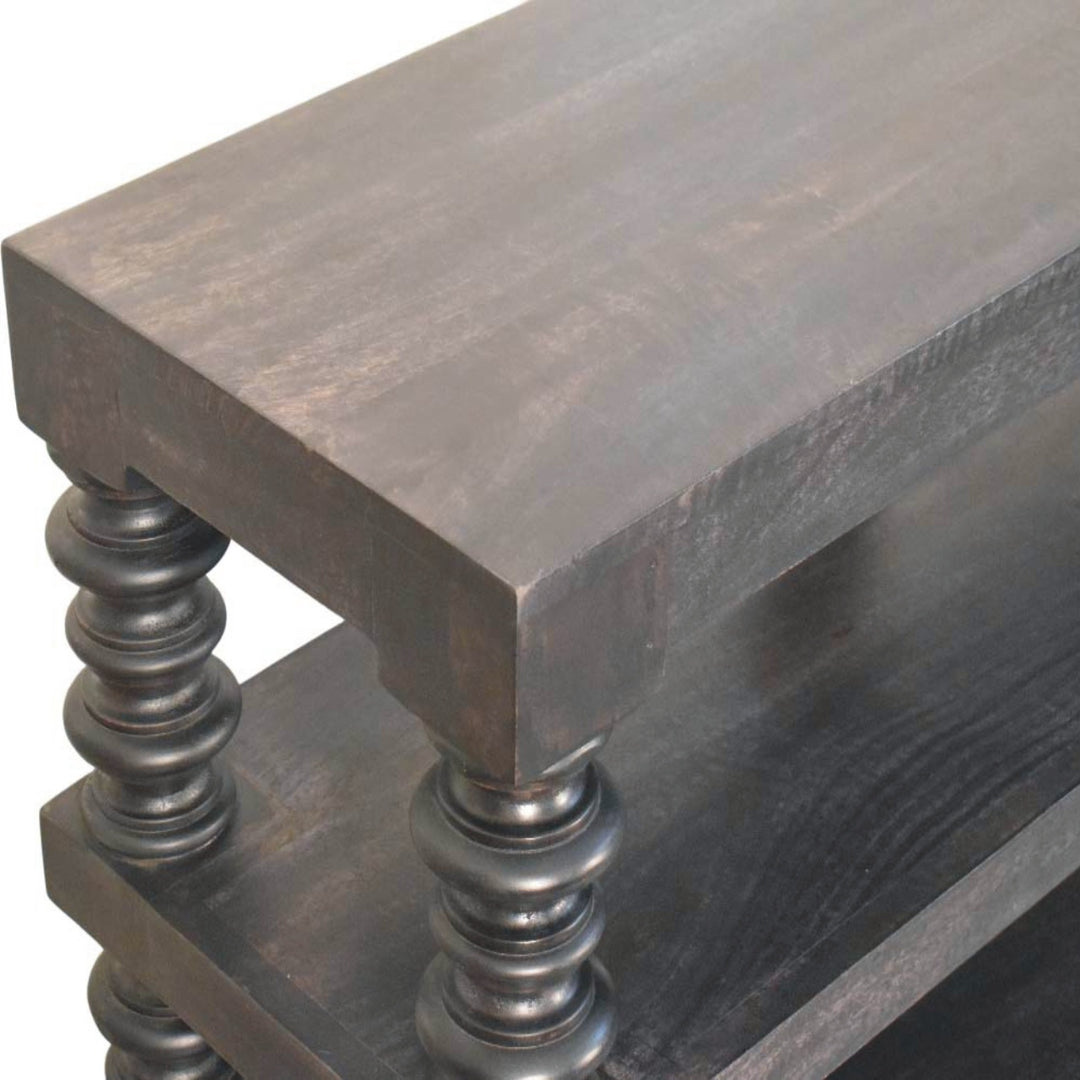 Chocolate Brown Lacquered Carbon Ash Solid Mango Wood Spindle Console with 3 Shelves