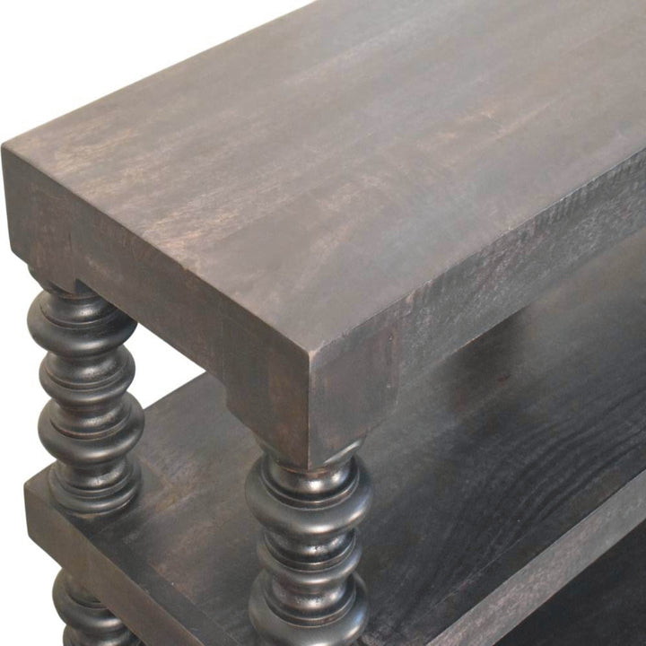 Chocolate Brown Lacquered Carbon Ash Solid Mango Wood Spindle Console with 3 Shelves