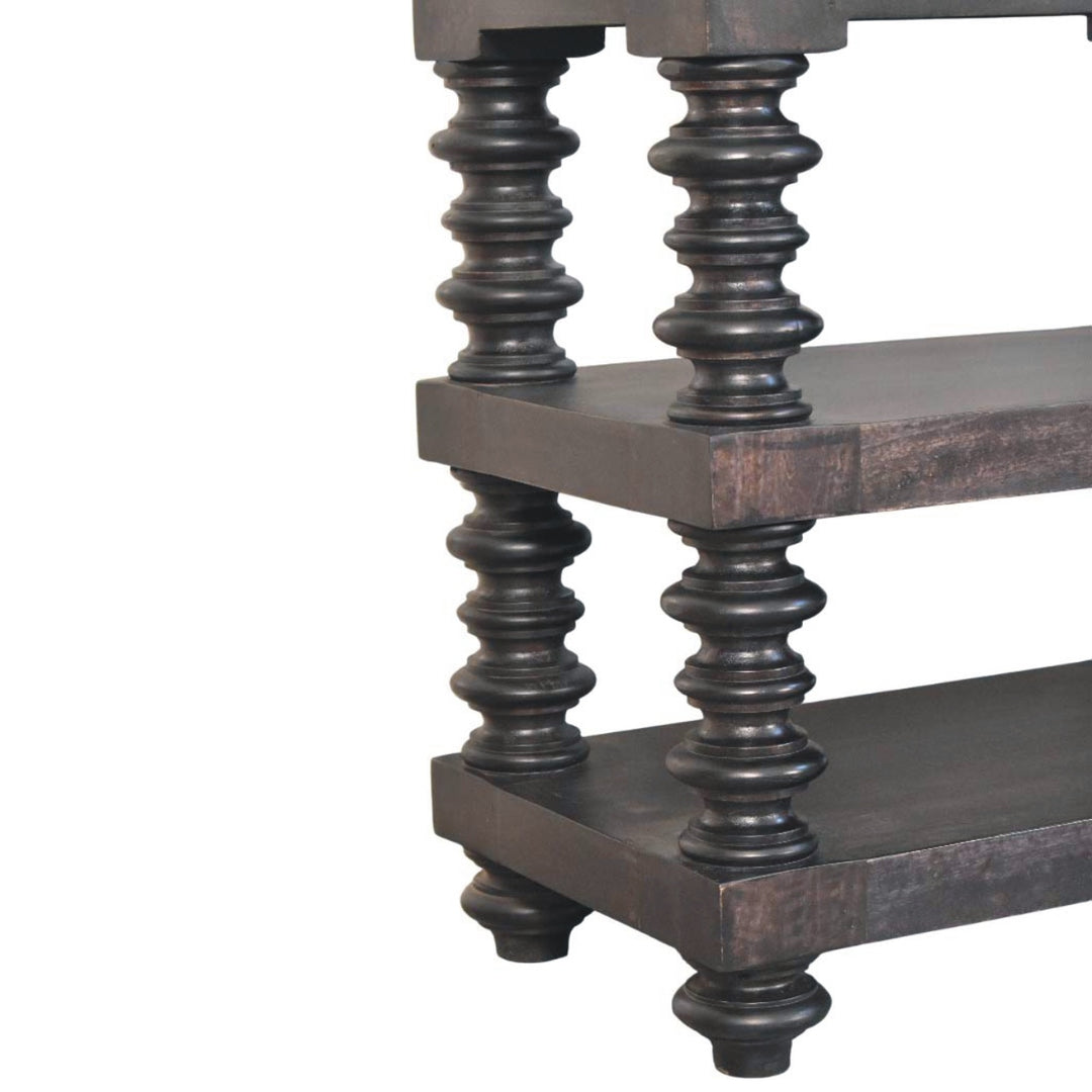 Chocolate Brown Lacquered Carbon Ash Solid Mango Wood Spindle Console with 3 Shelves