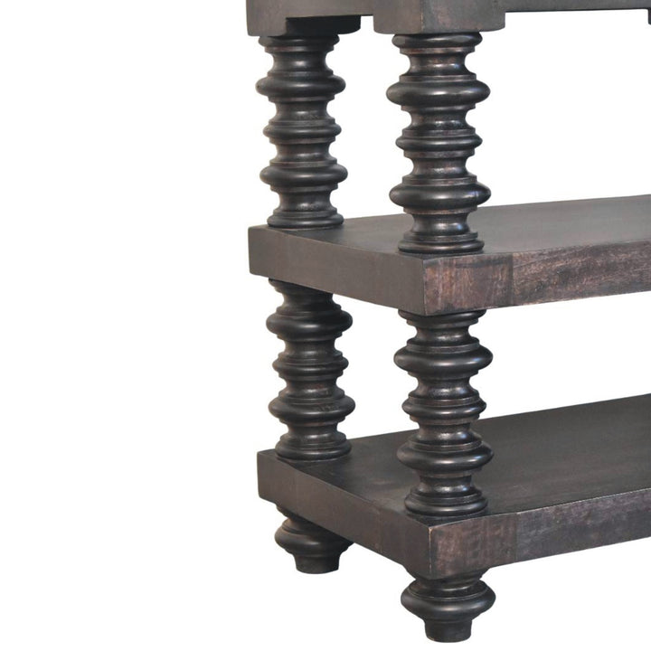 Chocolate Brown Lacquered Carbon Ash Solid Mango Wood Spindle Console with 3 Shelves