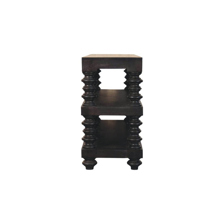 Chocolate Brown Lacquered Carbon Ash Solid Mango Wood Spindle Console with 3 Shelves
