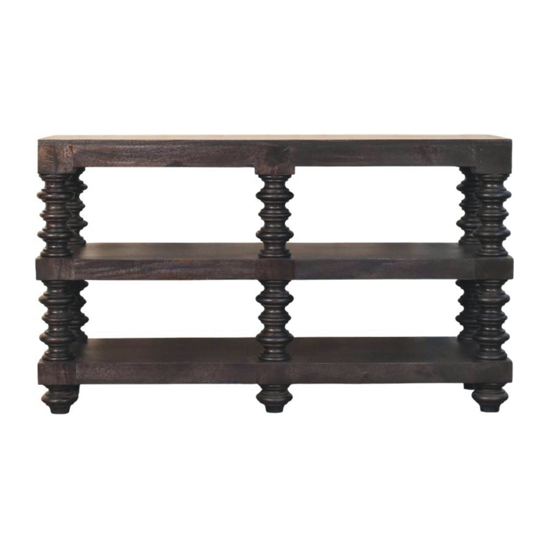 Chocolate Brown Lacquered Carbon Ash Solid Mango Wood Spindle Console with 3 Shelves